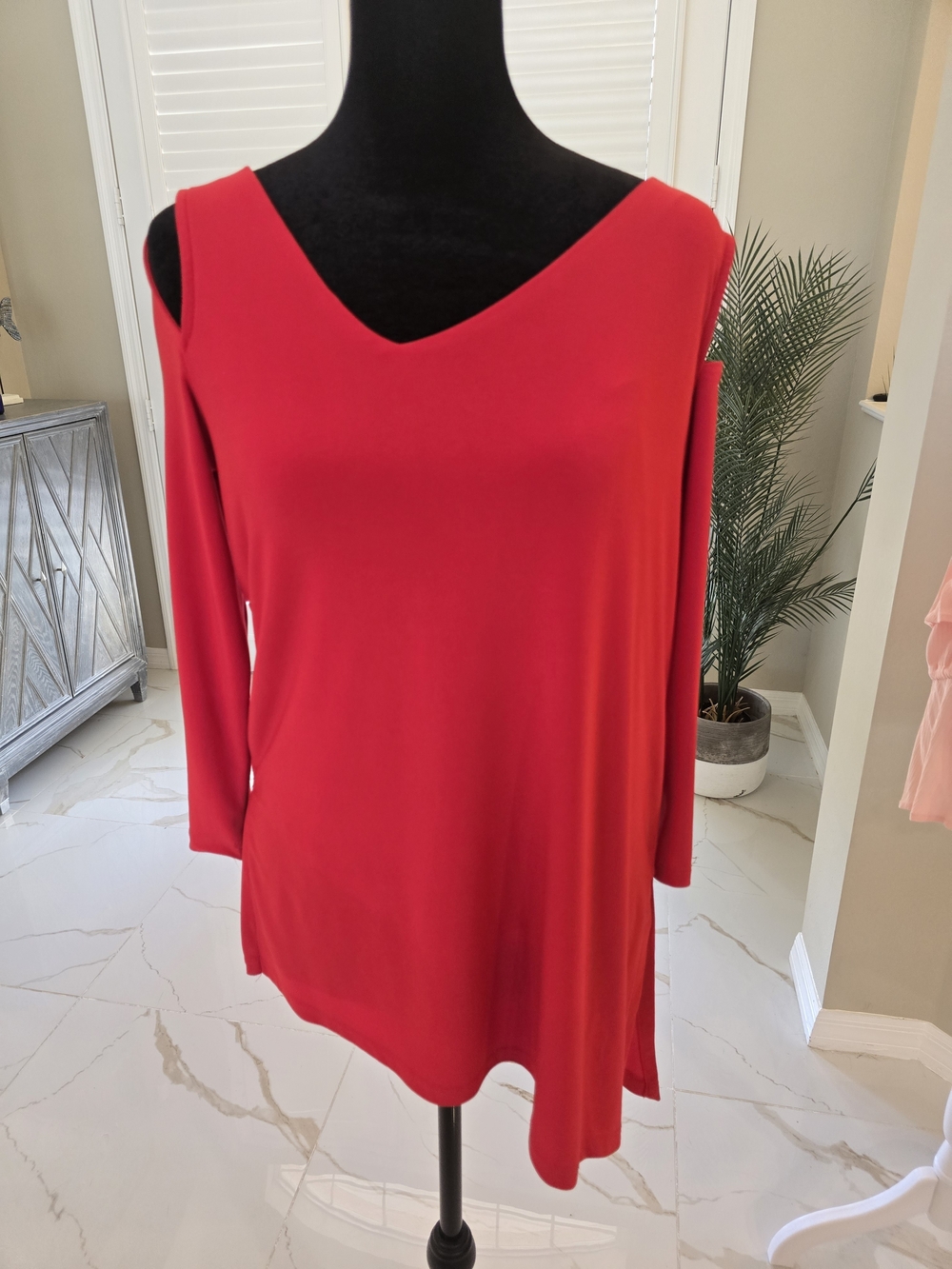 Last Tango Red Cold-Shoulder V-Neck Tunic